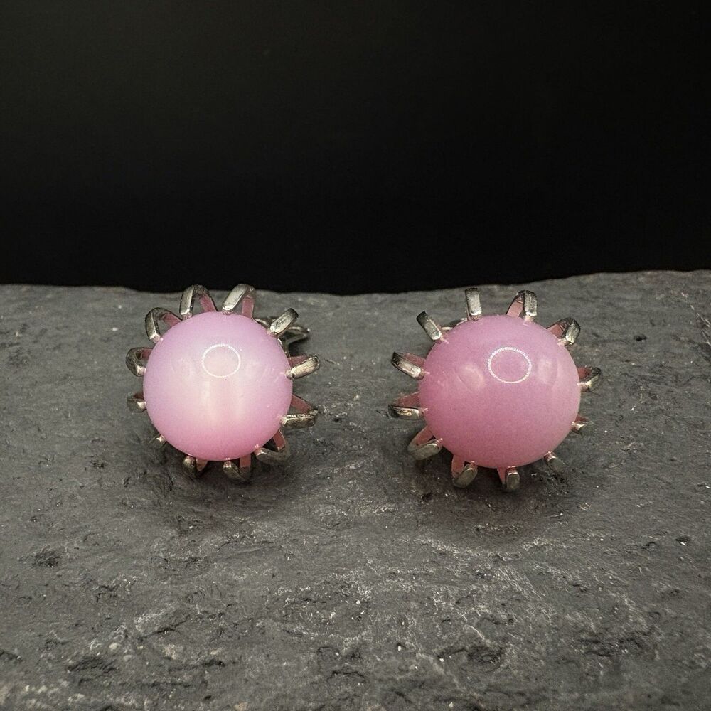 Vintage Cabochon Round Clip On Button Earrings Purple Silver Tone Earrings 3/4”